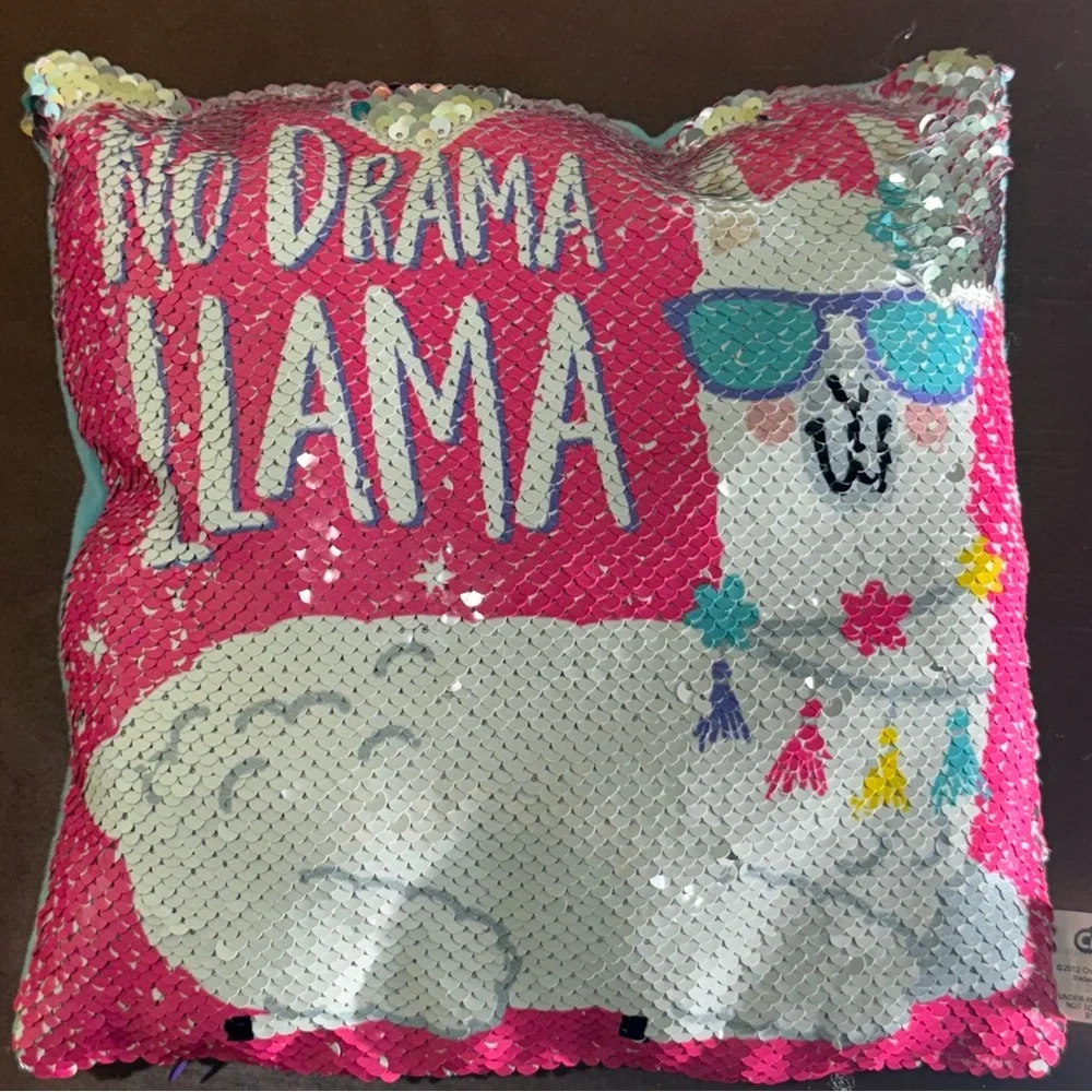 No Drama Llama Sequin Flip Pillow – Pink & Silver – 8.5” × 8.5” – Like New